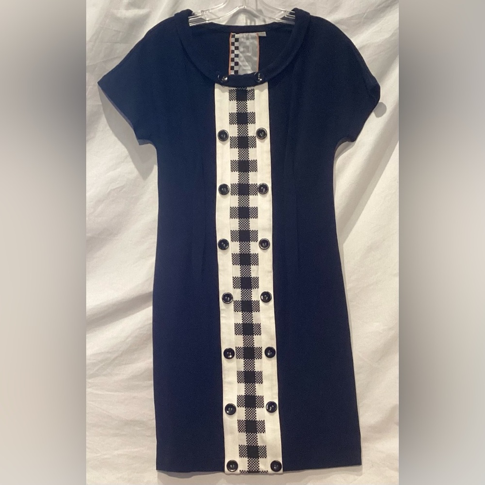 L.A.M.B. 2008 Runway Ponte Knit Navy Checked Dress By Gwen Stephanie